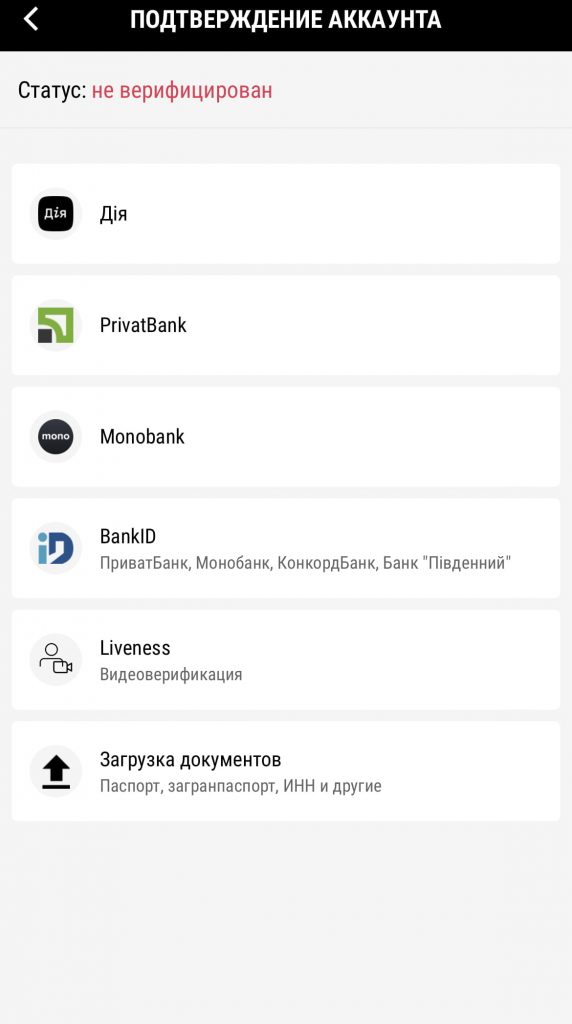Перелік доступних методів для підтвердження особи