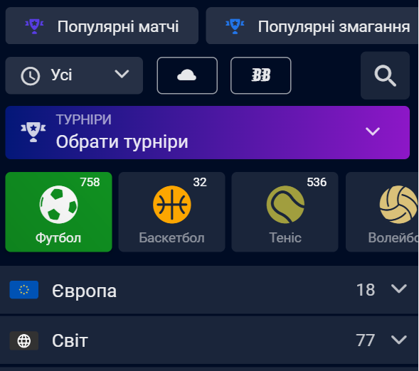 Вбет мобільна версія: огляд функціоналу 18 Фільтри для вибору спортивних подій у Vbet.